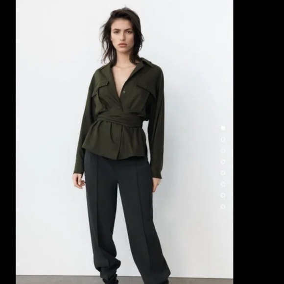 Zara Structured Military-Inspired Belted Shirt - Deep Olive Green - Picture 2 of 6